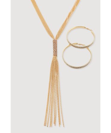 Rhinestone Studded Hoop Earrings with Tassels Necklace