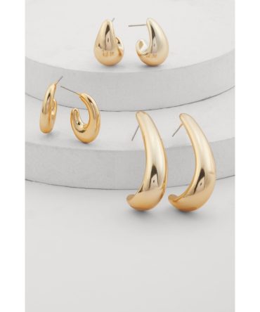 Trendy Metallic Drop Hoop Earrings Set of 3