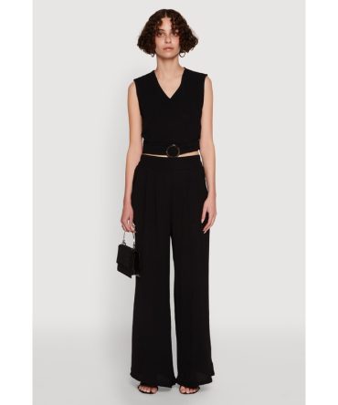 Trendy Pleated Detail Crepe Knit Palazzo Pants