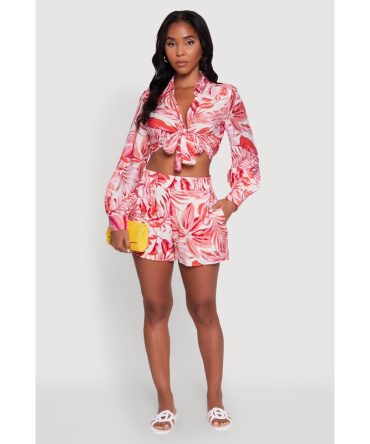 Tropical Floral Print High Waisted Shorts with Elastic Waist