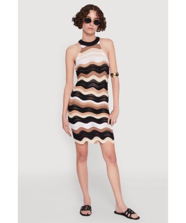 Wavy Stripe Crochet Halter Dress