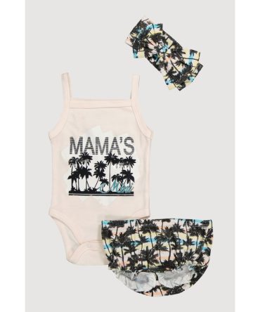 Baby Girls 0-9M Mamas Mini Bodysuit and Bubble Shorts Set with Palm Tree Print and Headband