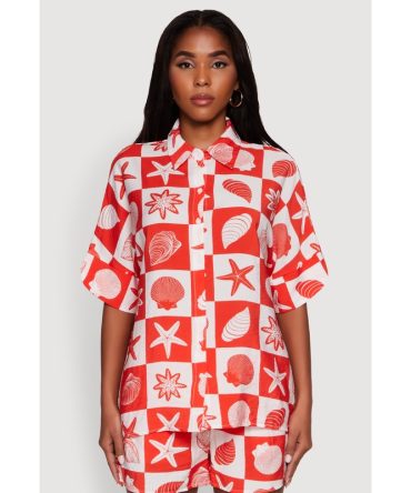 Beach Print Shirt with Short Sleeves and Classic Fit