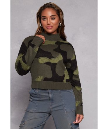 Camo Mock Neck Pullover Sweater