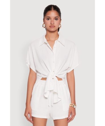 Chic Crepe Knit Shirt with Tie Front and High Low Hem