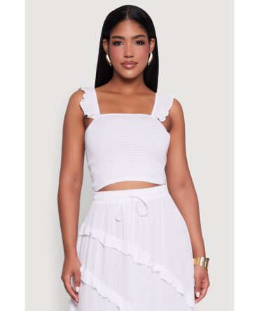 Chic Gauze Knit Ruffle Strap Crop Top with Square Neck
