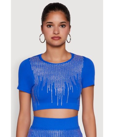 Chic Rhinestone Ribbed Knit Short Sleeve Crew Neck Tee
