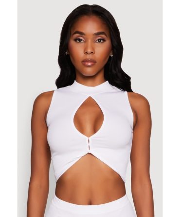 Chic Rib Knit Mock Neck Twist Front Crop Top