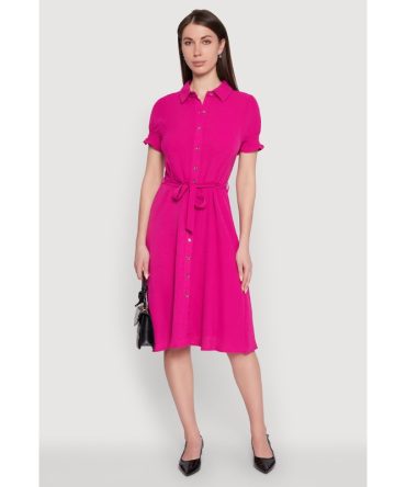 Chic Smocked Puff Sleeve Shirt Dress with Tie Waist Belt