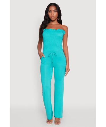 Chic Smocked Strapless Ruffle Jumpsuit with Faux Drawstring