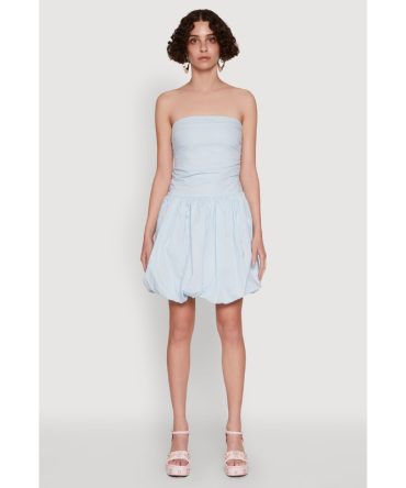Chic Strapless Poplin Dress with Bubble Hem and Tie Back