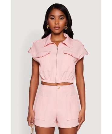 Chic Twill Cropped Jacket with Cargo Pockets and Zippers