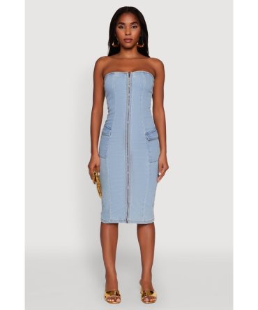 Chic Zip Front Cargo Denim Tube Dress