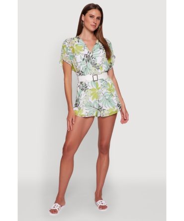 Chiffon Floral Print V Neck Wrap Romper with Belt