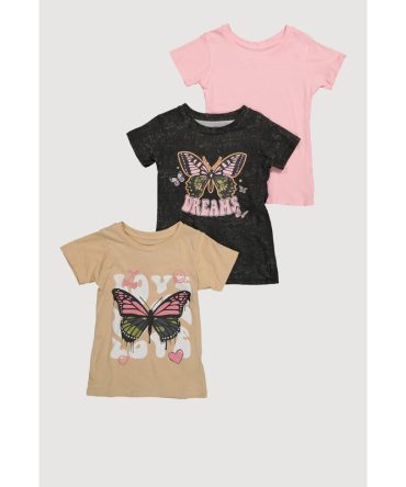 Girls Butterfly Graphic Glitter Tees 3 Pack