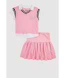 Girls Chic Sweater Vest and Pleated Midi Skirt Set with Rhinestones