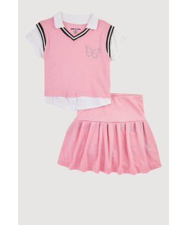 Girls Chic Sweater Vest and Pleated Midi Skirt Set with Rhinestones