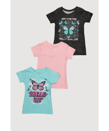 Girls Trendy Butterfly Graphic Glitter Tops 3 Pack