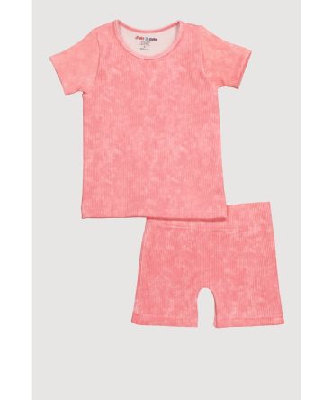 Little Girls Acid Wash Seamless Ribbed Knit Tee and Biker Shorts Set