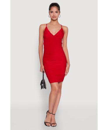 Sleek Lace Up Tie Back Ruched Bodycon Dress