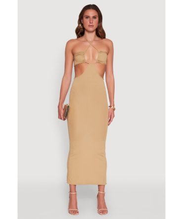 Stylish Ribbed Knit Keyhole Halter Sundress