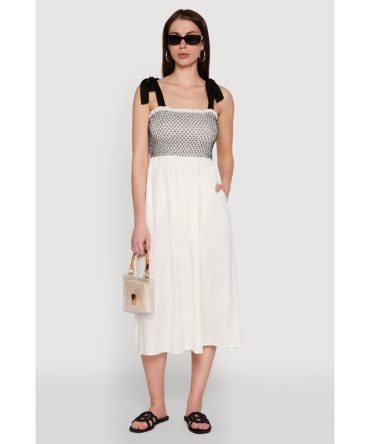 Tie Shoulder Fishnet Detail Midi Dress