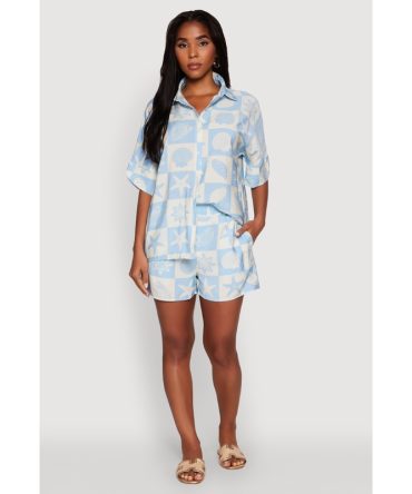 Trendy Crepe Knit High Waisted Beach Print Shorts