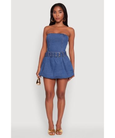 Trendy Denim Skater Dress with Belt and Grommets