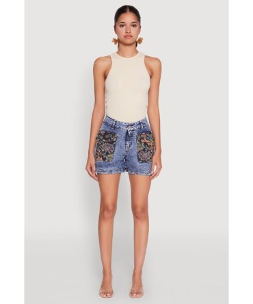 Trendy Floral Jacquard Cargo Pocket Denim Shorts