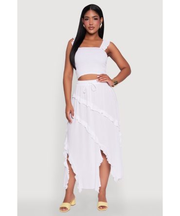 Trendy Gauze Knit Asymmetrical Skirt with Ruffles