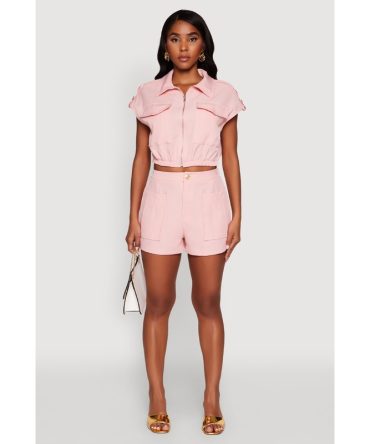 Trendy High Waisted Twill Shorts with Front Pockets