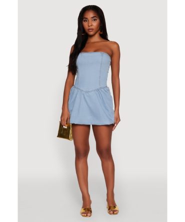 Trendy Lace Up Back Denim Sleeveless Skater Dress
