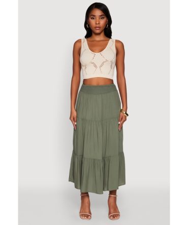 Trendy Smocked High Waist Tiered Midi Skirt