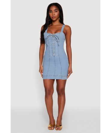 Trendy Square Neck Pintuck Detail Denim Dress