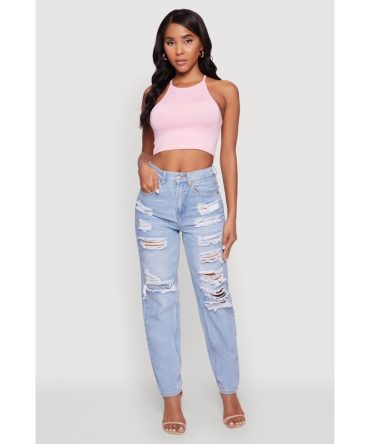 WAX Slim Leg Striped Patch Distressed Denim Jeans