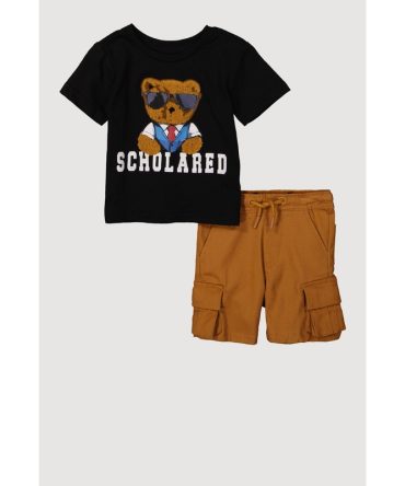 Baby Boys 12-24M Chenille Bear Scholared Tee and Cargo Shorts