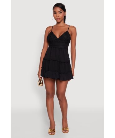 Chic Crochet Detail V Neck Tiered Dress