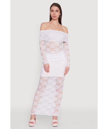 Chic Lace Fold Over Ruched Maxi Skirt