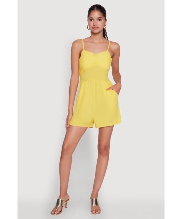 Chic Sleeveless Padded Cup Romper with Pockets and Smocked Details