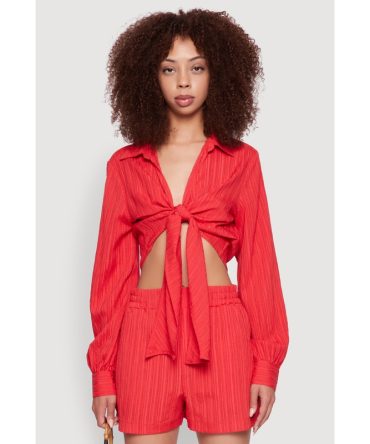 Chic Textured Knit Bubble Sleeve Tie Front Crop Top