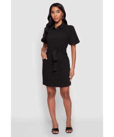 Chic Twill Puff Sleeve Shirt Dress with Tie Waist Belt