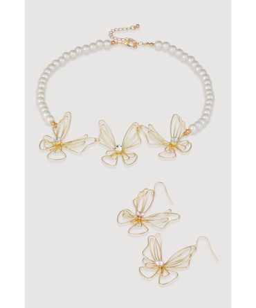 Elegant Faux Pearl Cubic Zirconia Butterfly Detail Necklace Set