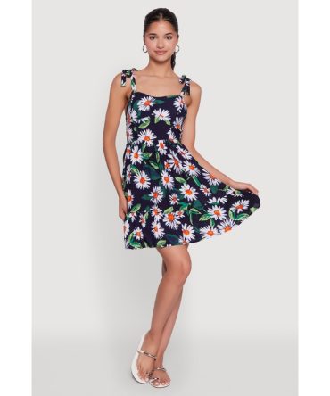 Floral Daisy Print Sleeveless Sundress with Tie Straps