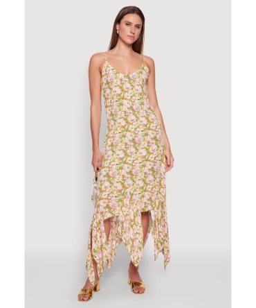 Floral Print Sleeveless Long Slip Dress with Open Tie Back