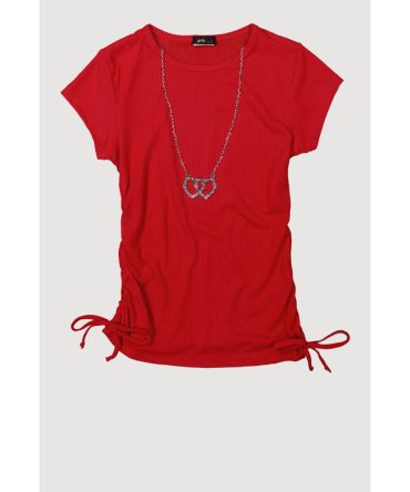 Girls Ribbed Knit Tee with Double Heart Rhinestone Necklace