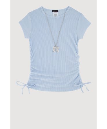 Girls Ribbed Knit Tee with Removable  Rhinestone Bow Necklace