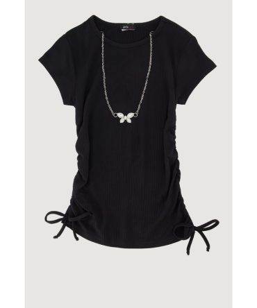 Girls Ribbed Knit Tee with Rhinestone Butterfly Necklace
