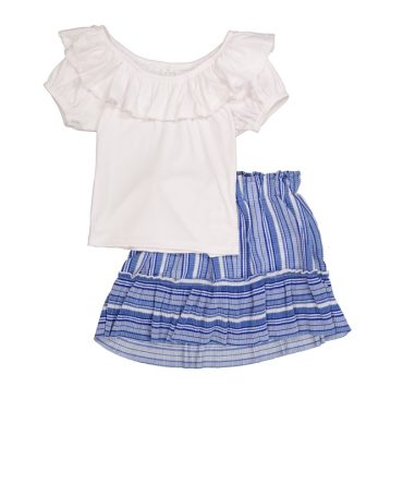 Girls Ruffled Overlay Top and Striped Skirt Set