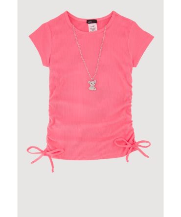 Girls Trendy Rib Knit Tee with Bear Chain Necklace