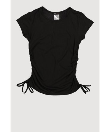 Girls Trendy Side Ruched Ribbed Knit Crew Neck Tee